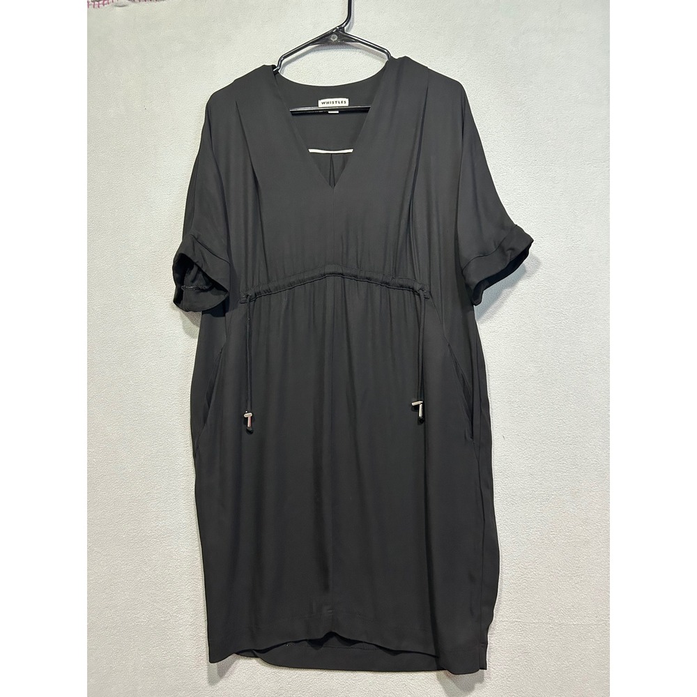 WHISTLES Black Shift Dress Size 6 V Neck Drawstring Waist Minimalist Work Casual